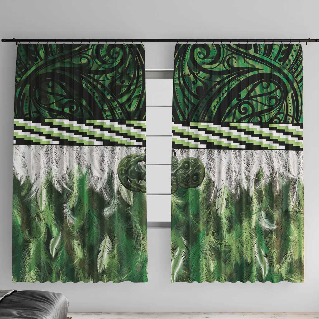 Green Traditional Cloak Aotearoa Window Curtain Maori Paua Shell Korowai Pattern LT14 With Hooks Green - Polynesian Pride