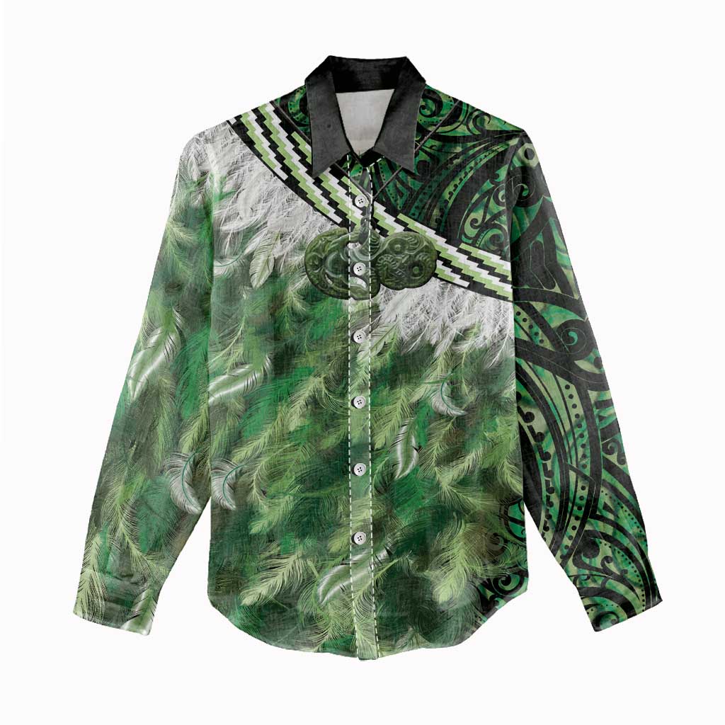Green Traditional Cloak Aotearoa Women Casual Shirt Maori Paua Shell Korowai Pattern