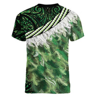 Green Traditional Cloak Aotearoa Women V-Neck T-Shirt Maori Paua Shell Korowai Pattern