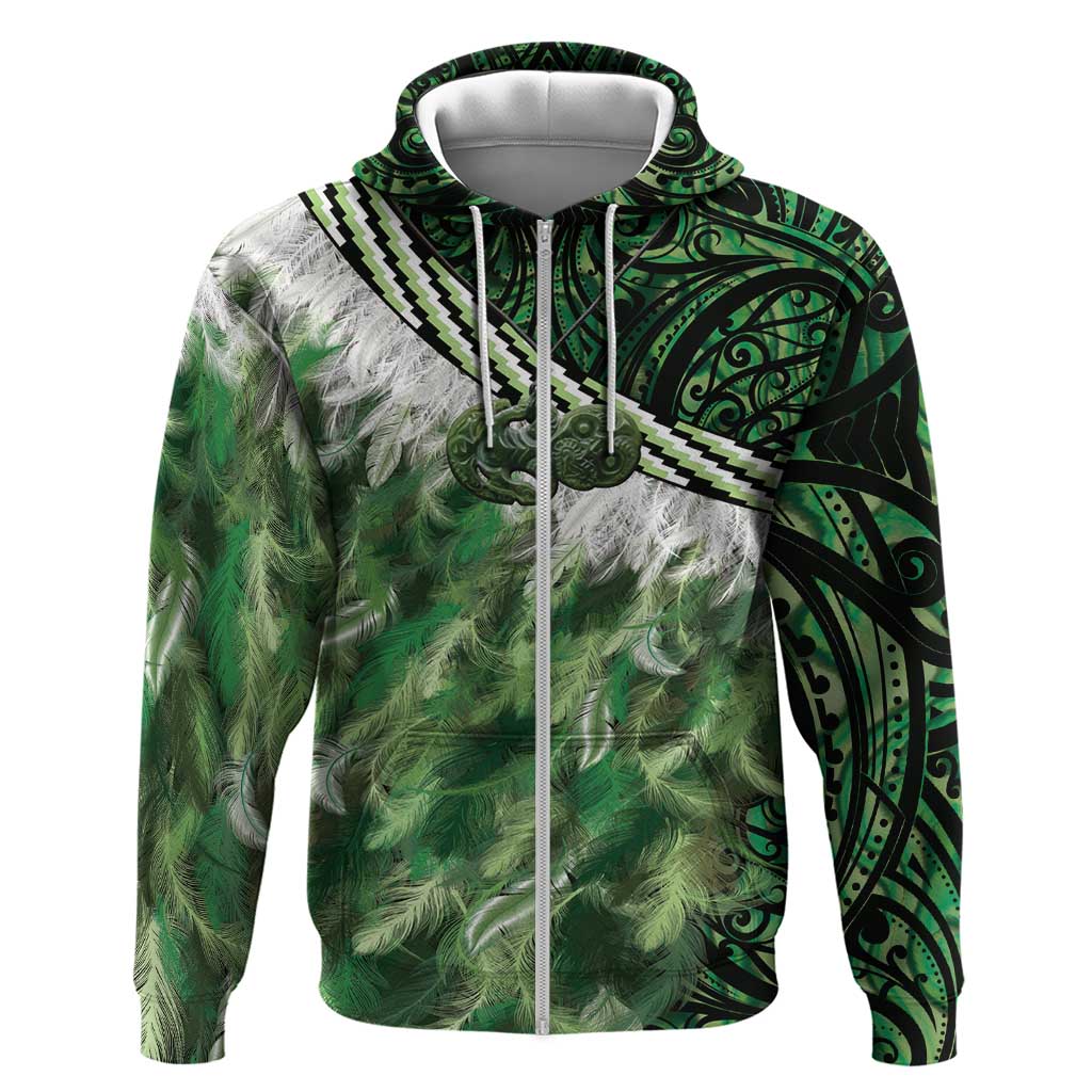 Green Traditional Cloak Aotearoa Zip Hoodie Maori Paua Shell Korowai Pattern