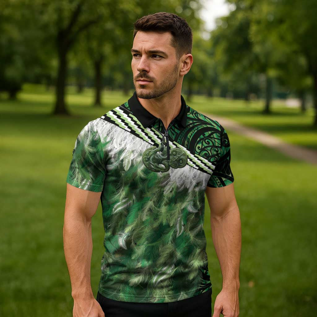 Green Traditional Cloak Aotearoa Zipper Polo Shirt Maori Paua Shell Korowai Pattern - Polynesian Pride