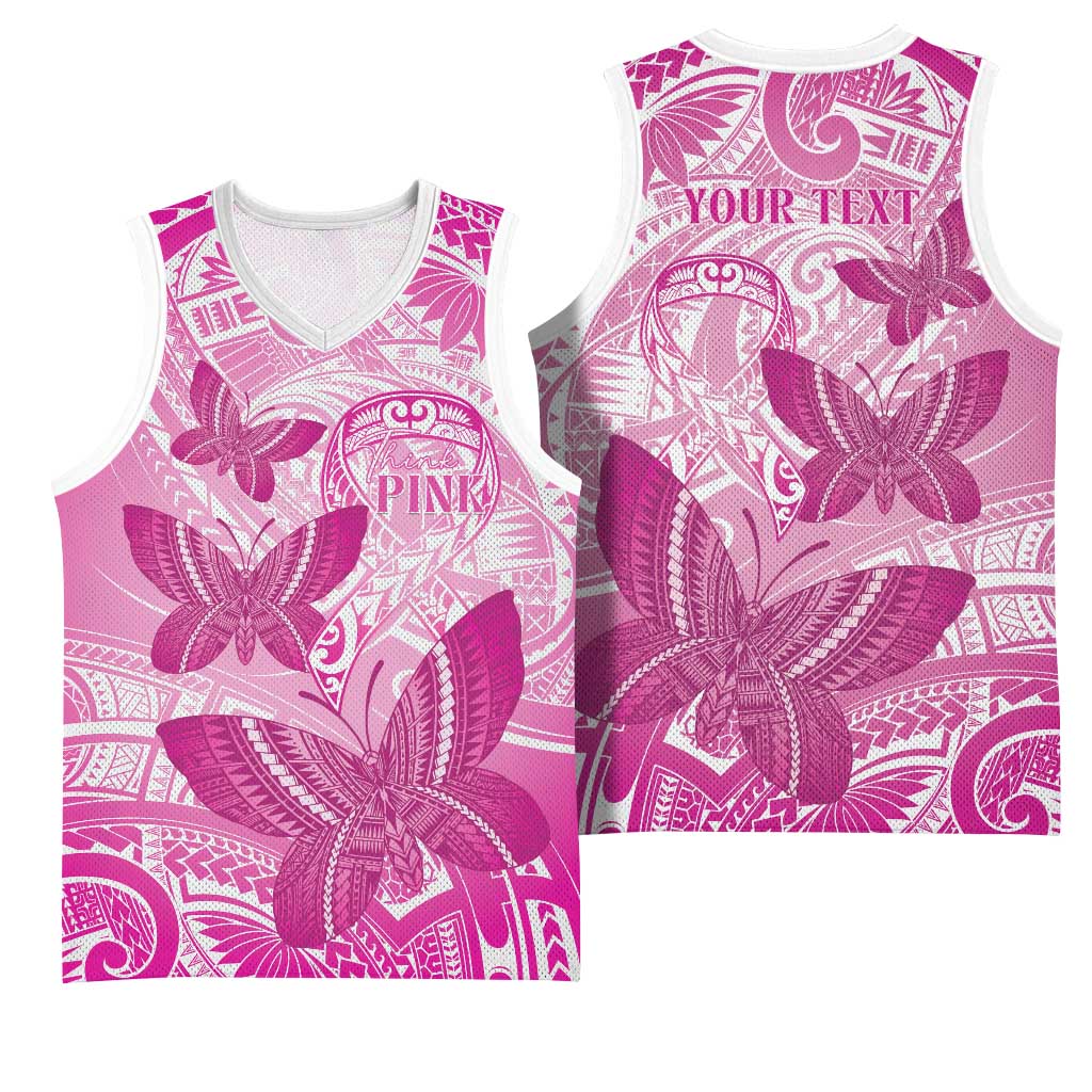 Personalised Polynesia Breast Cancer Awareness Basketball Jersey Think Pink Ribbon Polynesian Butterflies LT14 - Polynesian Pride