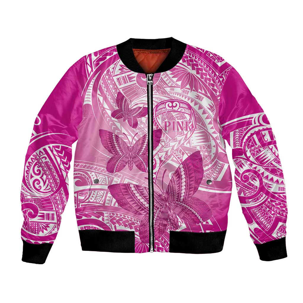 Personalised Polynesia Breast Cancer Awareness Bomber Jacket Think Pink Ribbon Polynesian Butterflies LT14 Unisex Pink - Polynesian Pride