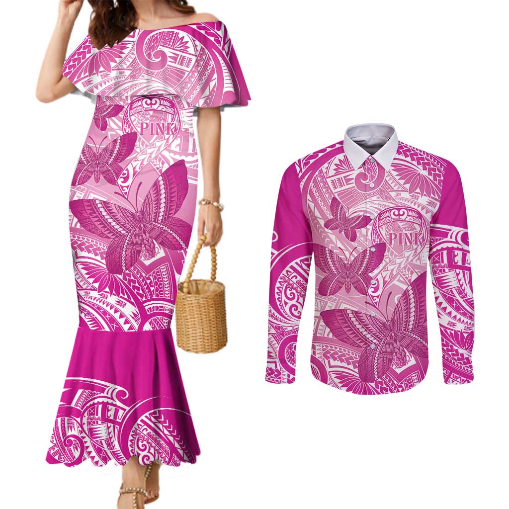Personalised Polynesia Breast Cancer Awareness Couples Matching Mermaid Dress and Long Sleeve Button Shirt Think Pink Ribbon Polynesian Butterflies LT14 Pink - Polynesian Pride
