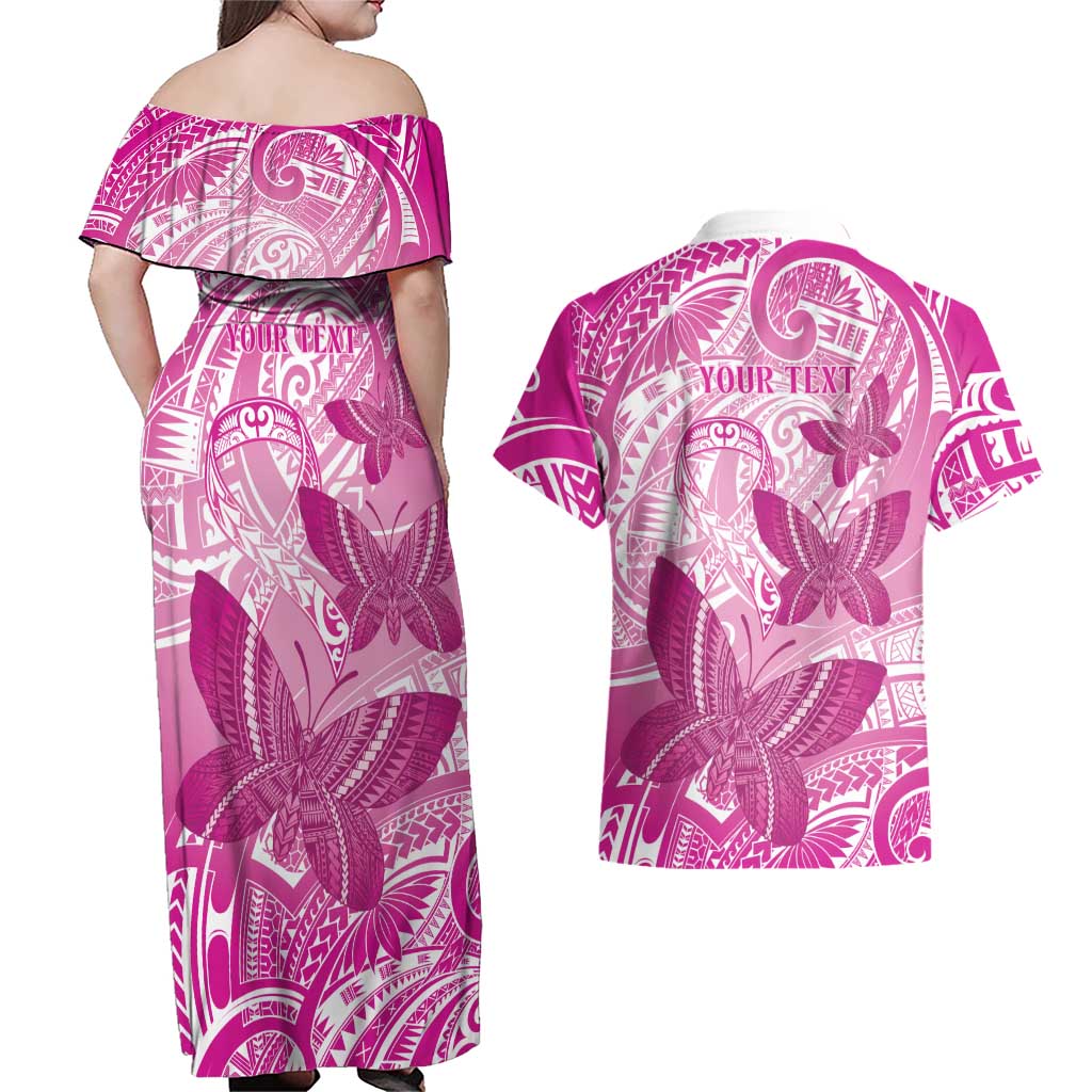 Personalised Polynesia Breast Cancer Awareness Couples Matching Off Shoulder Maxi Dress and Hawaiian Shirt Think Pink Ribbon Polynesian Butterflies
