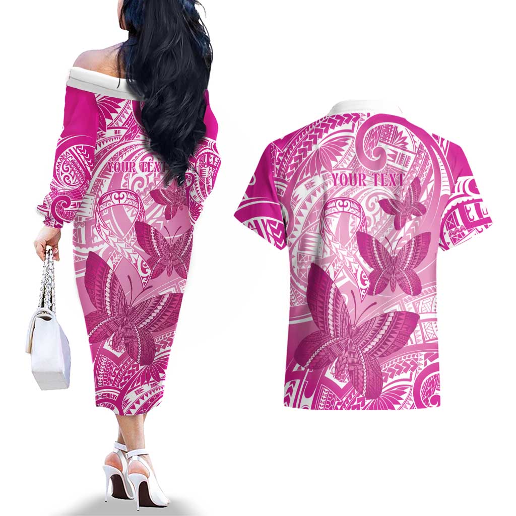 Personalised Polynesia Breast Cancer Awareness Couples Matching Off The Shoulder Long Sleeve Dress and Hawaiian Shirt Think Pink Ribbon Polynesian Butterflies