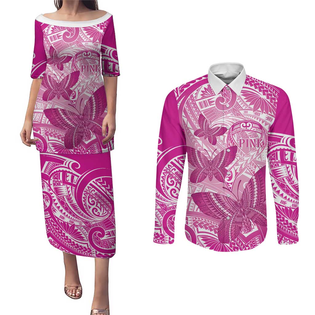Personalised Polynesia Breast Cancer Awareness Couples Matching Puletasi and Long Sleeve Button Shirt Think Pink Ribbon Polynesian Butterflies LT14 Pink - Polynesian Pride