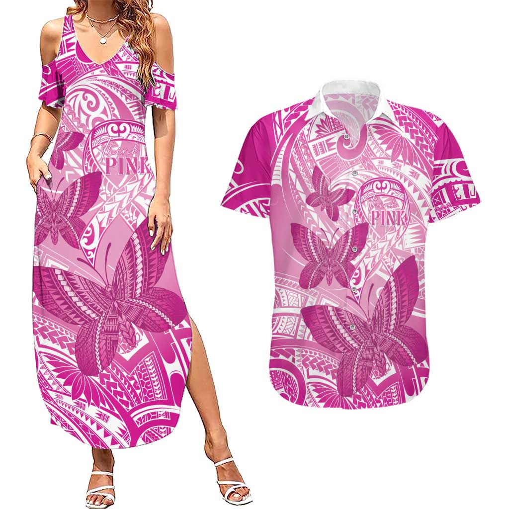 Personalised Polynesia Breast Cancer Awareness Couples Matching Summer Maxi Dress and Hawaiian Shirt Think Pink Ribbon Polynesian Butterflies LT14 Pink - Polynesian Pride