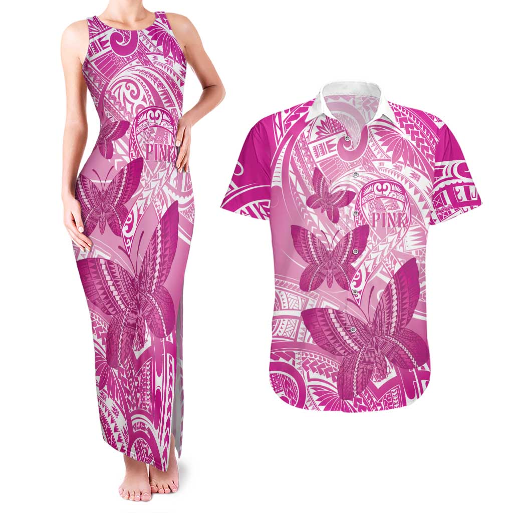 Personalised Polynesia Breast Cancer Awareness Couples Matching Tank Maxi Dress and Hawaiian Shirt Think Pink Ribbon Polynesian Butterflies LT14 Pink - Polynesian Pride
