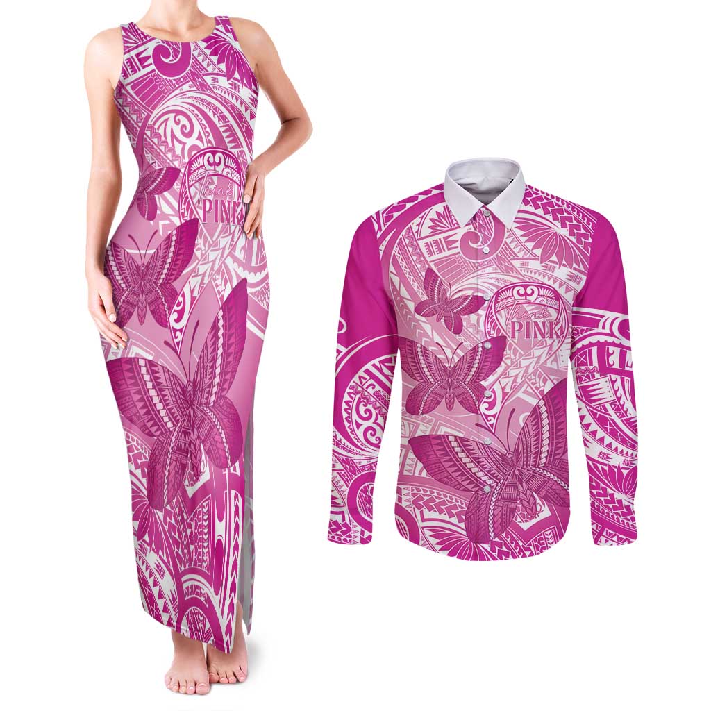 Personalised Polynesia Breast Cancer Awareness Couples Matching Tank Maxi Dress and Long Sleeve Button Shirt Think Pink Ribbon Polynesian Butterflies LT14 Pink - Polynesian Pride