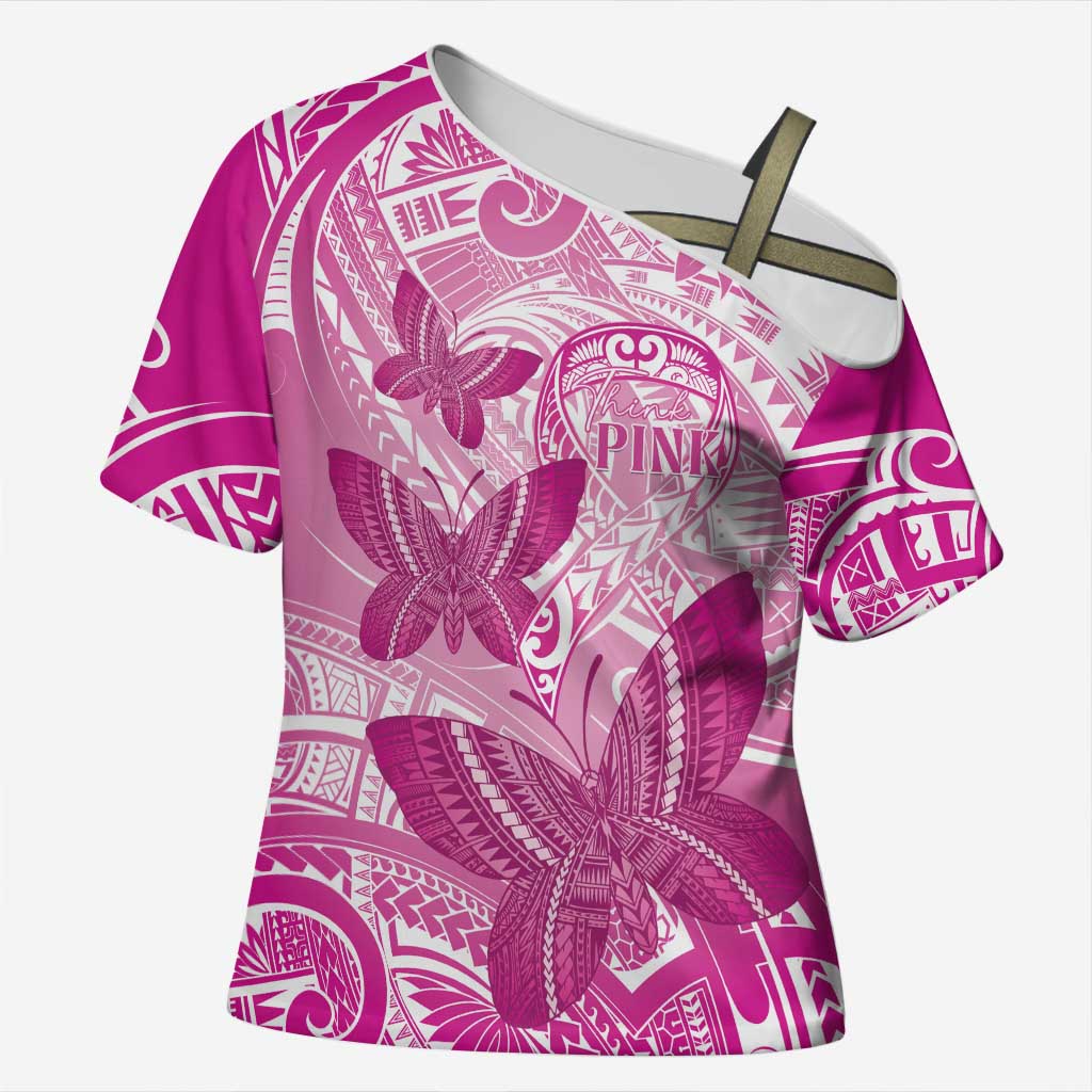 Personalised Polynesia Breast Cancer Awareness Cross Shoulder Shirt Think Pink Ribbon Polynesian Butterflies LT14 Female Pink - Polynesian Pride