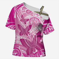 Personalised Polynesia Breast Cancer Awareness Cross Shoulder Shirt Think Pink Ribbon Polynesian Butterflies LT14 Female Pink - Polynesian Pride