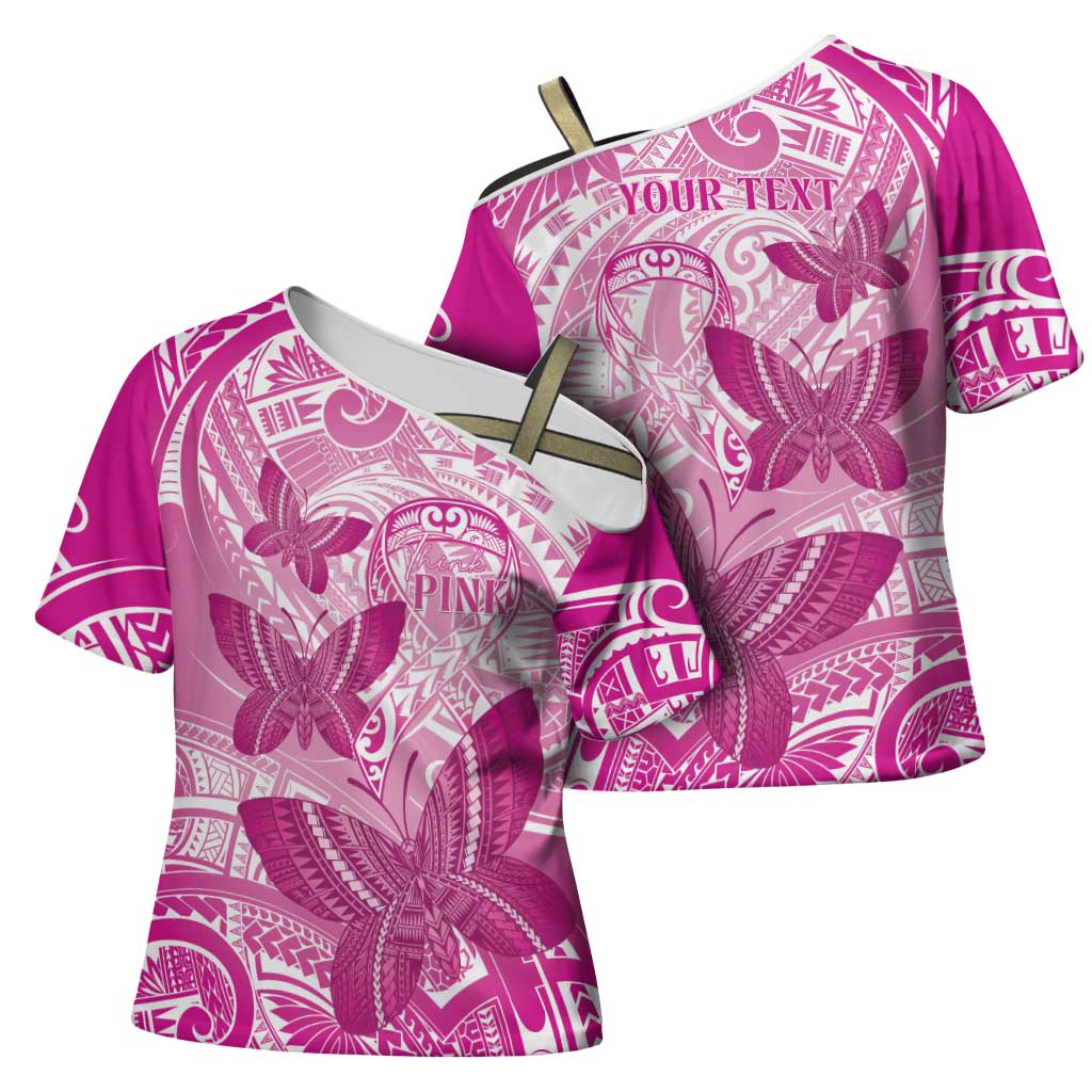 Personalised Polynesia Breast Cancer Awareness Cross Shoulder Shirt Think Pink Ribbon Polynesian Butterflies LT14 - Polynesian Pride