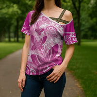 Personalised Polynesia Breast Cancer Awareness Cross Shoulder Shirt Think Pink Ribbon Polynesian Butterflies LT14 - Polynesian Pride