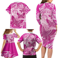 Personalised Polynesia Breast Cancer Awareness Family Matching Long Sleeve Bodycon Dress and Hawaiian Shirt Think Pink Ribbon Polynesian Butterflies