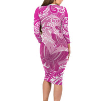 Personalised Polynesia Breast Cancer Awareness Family Matching Long Sleeve Bodycon Dress and Hawaiian Shirt Think Pink Ribbon Polynesian Butterflies