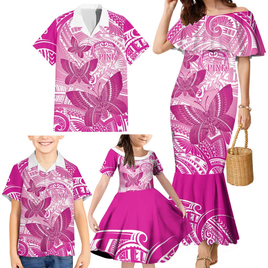 Personalised Polynesia Breast Cancer Awareness Family Matching Mermaid Dress and Hawaiian Shirt Think Pink Ribbon Polynesian Butterflies LT14 - Polynesian Pride