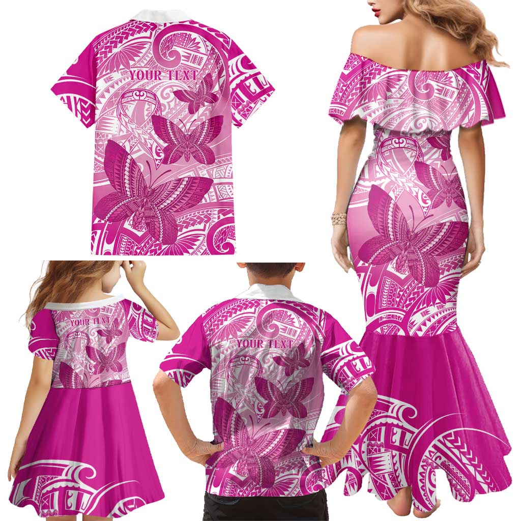 Personalised Polynesia Breast Cancer Awareness Family Matching Mermaid Dress and Hawaiian Shirt Think Pink Ribbon Polynesian Butterflies