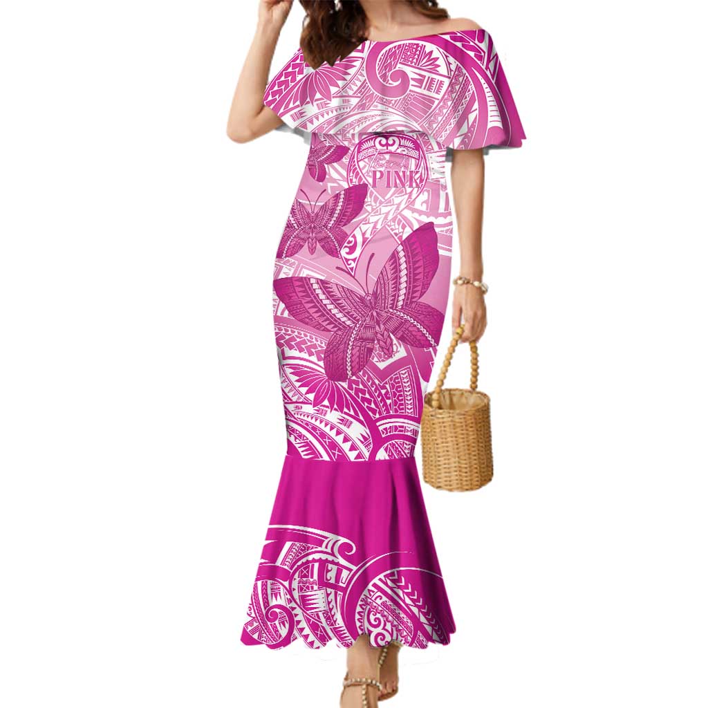 Personalised Polynesia Breast Cancer Awareness Family Matching Mermaid Dress and Hawaiian Shirt Think Pink Ribbon Polynesian Butterflies