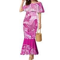 Personalised Polynesia Breast Cancer Awareness Family Matching Mermaid Dress and Hawaiian Shirt Think Pink Ribbon Polynesian Butterflies