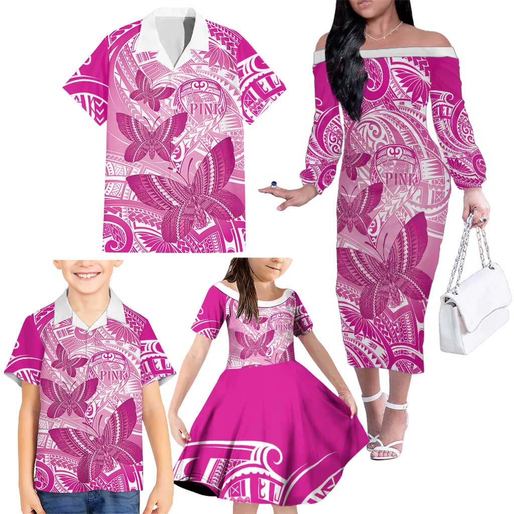 Personalised Polynesia Breast Cancer Awareness Family Matching Off The Shoulder Long Sleeve Dress and Hawaiian Shirt Think Pink Ribbon Polynesian Butterflies LT14 - Polynesian Pride