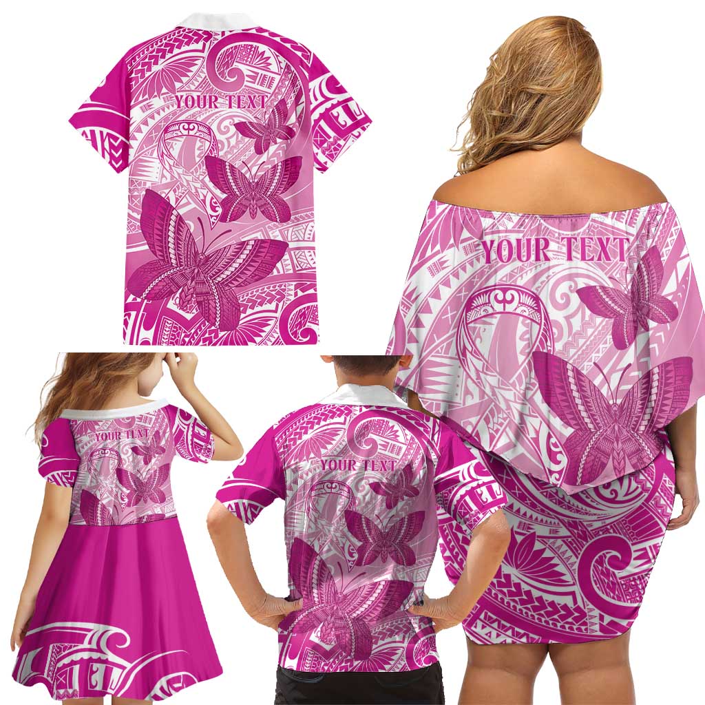 Personalised Polynesia Breast Cancer Awareness Family Matching Off Shoulder Short Dress and Hawaiian Shirt Think Pink Ribbon Polynesian Butterflies
