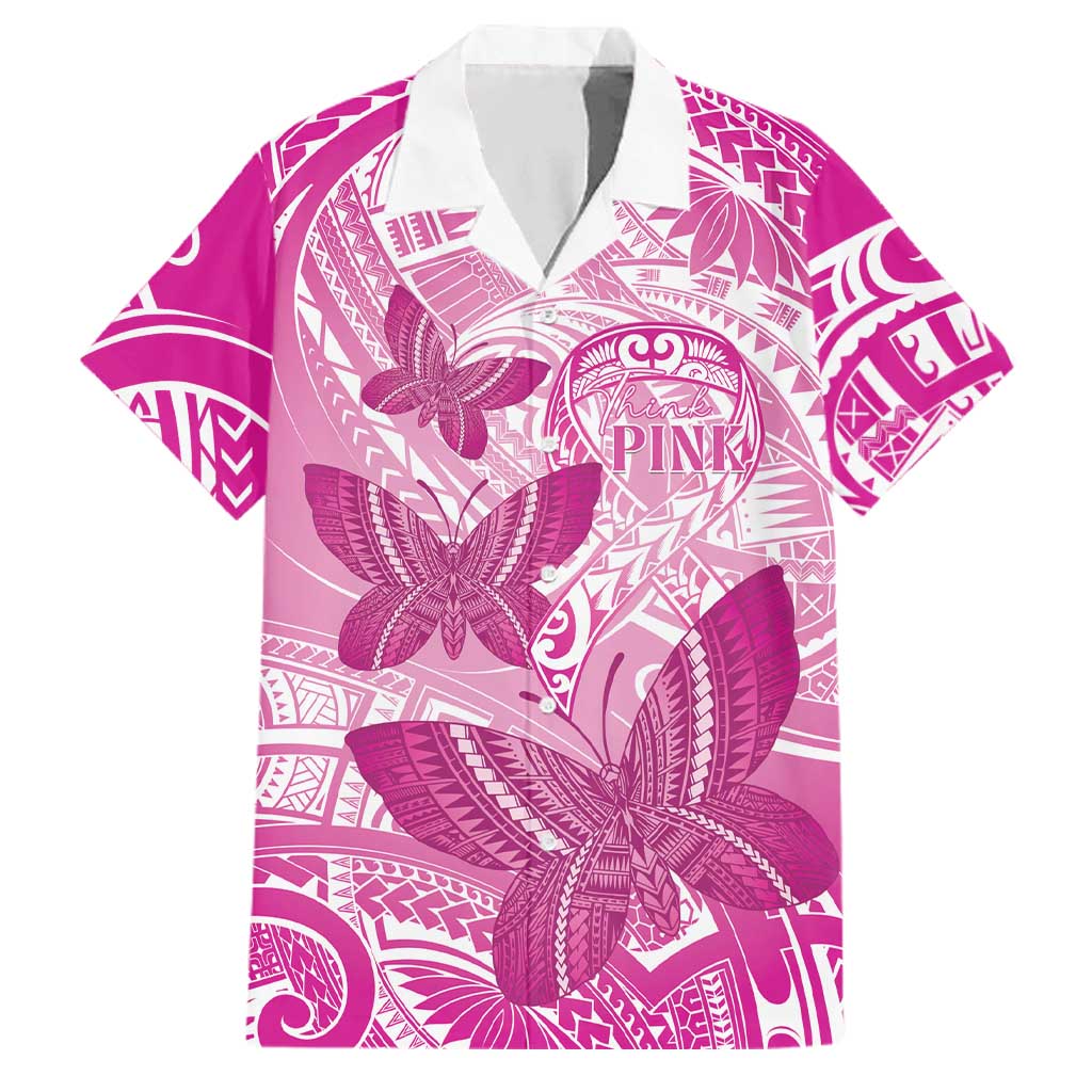 Personalised Polynesia Breast Cancer Awareness Family Matching Off Shoulder Short Dress and Hawaiian Shirt Think Pink Ribbon Polynesian Butterflies
