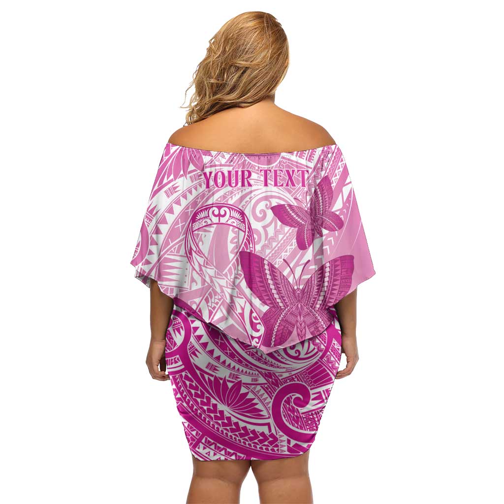 Personalised Polynesia Breast Cancer Awareness Family Matching Off Shoulder Short Dress and Hawaiian Shirt Think Pink Ribbon Polynesian Butterflies