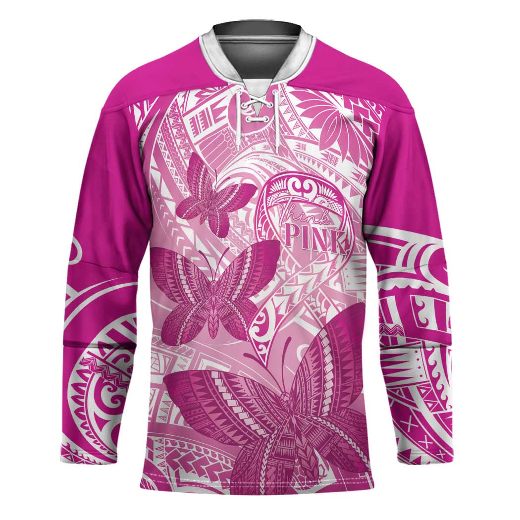 Personalised Polynesia Breast Cancer Awareness Hockey Jersey Think Pink Ribbon Polynesian Butterflies LT14 Unisex Pink - Polynesian Pride