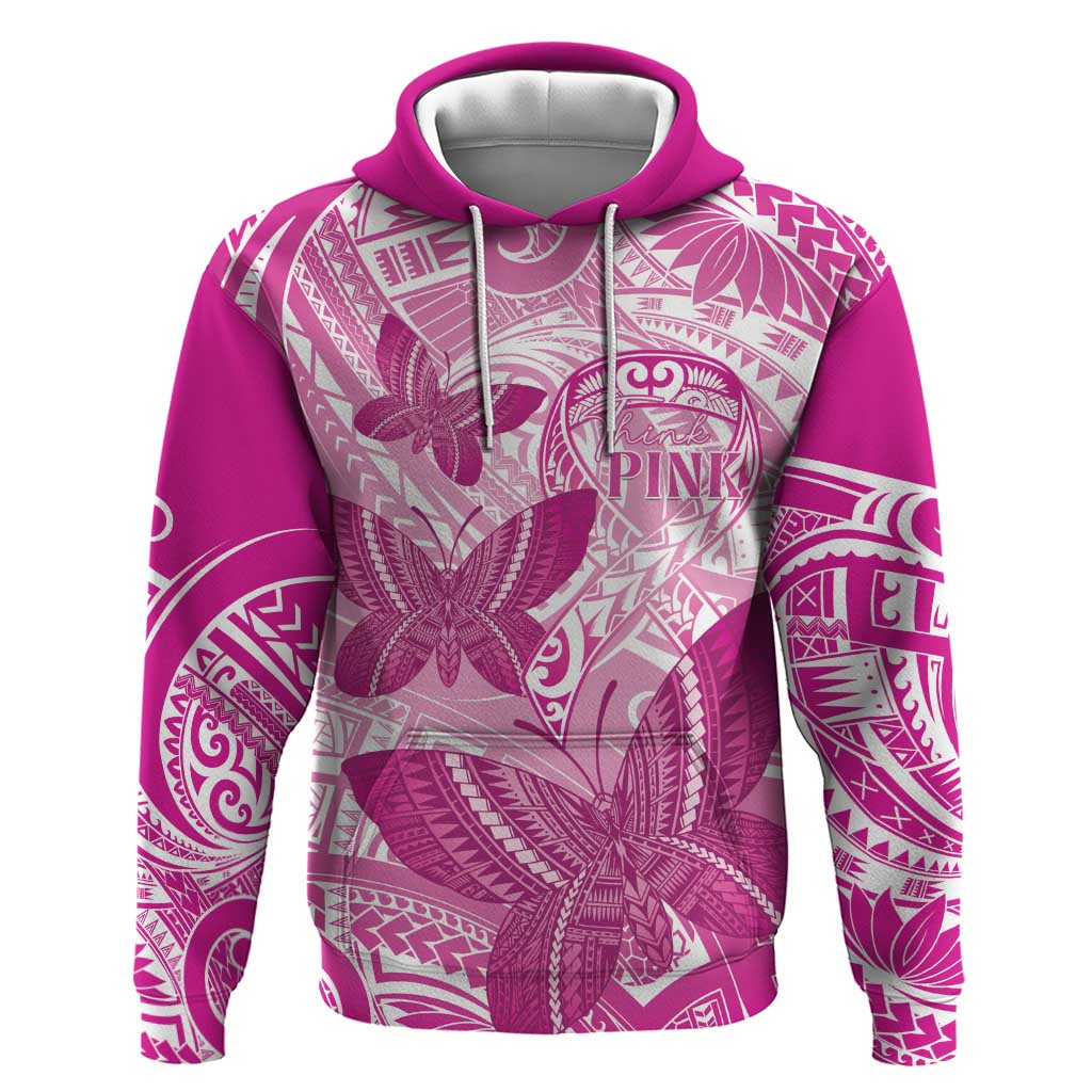Personalised Polynesia Breast Cancer Awareness Hoodie Think Pink Ribbon Polynesian Butterflies LT14 Pullover Hoodie Pink - Polynesian Pride