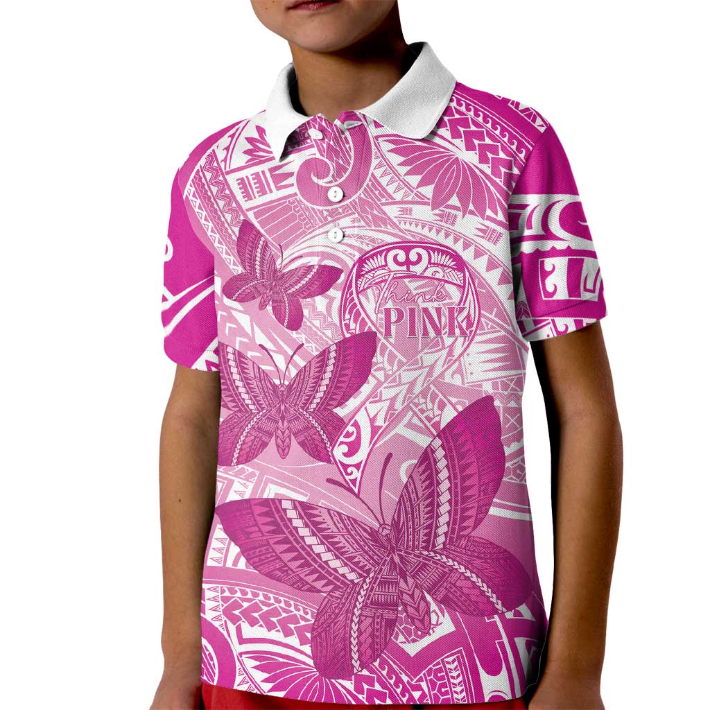 Personalised Polynesia Breast Cancer Awareness Kid Polo Shirt Think Pink Ribbon Polynesian Butterflies LT14 Kid Pink - Polynesian Pride