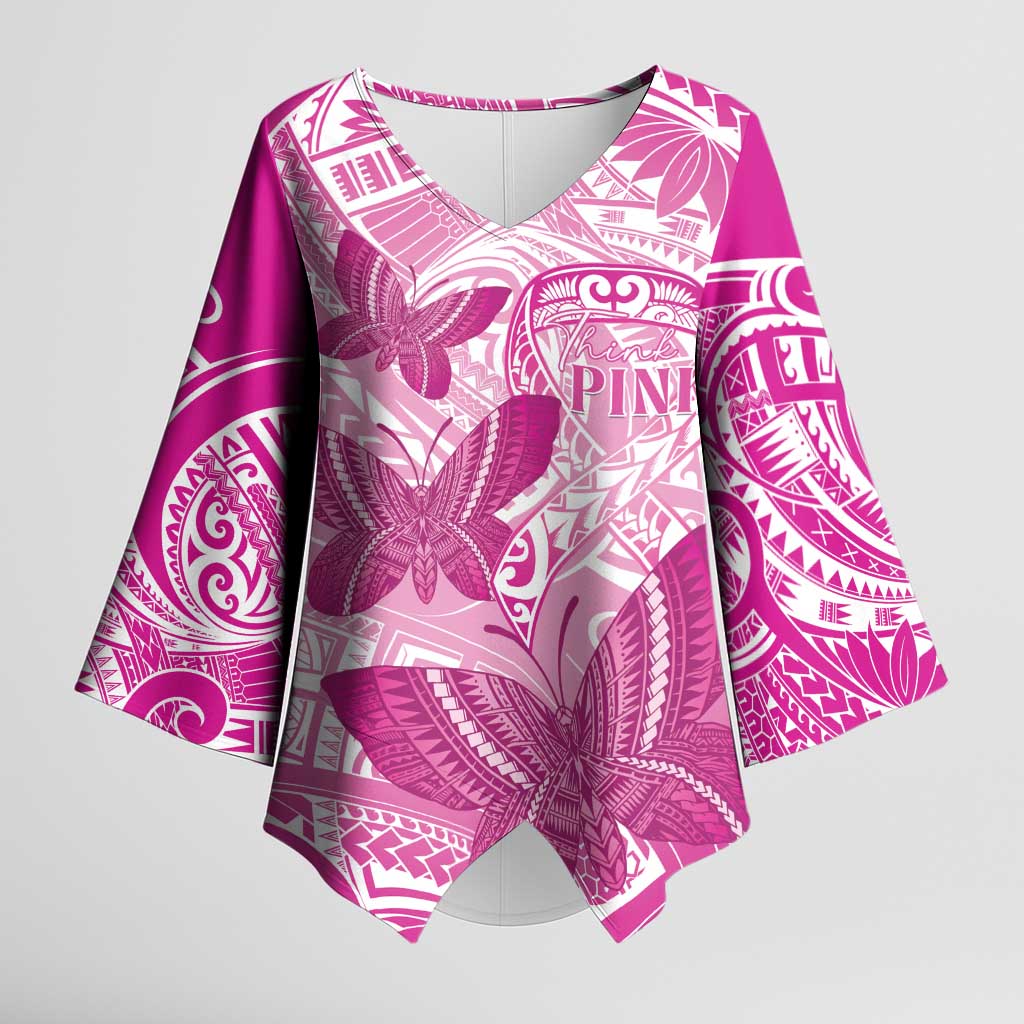 Personalised Polynesia Breast Cancer Awareness Kimono Sleeve Blouse Think Pink Ribbon Polynesian Butterflies LT14 Female Pink - Polynesian Pride