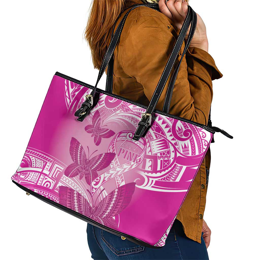 Polynesia Breast Cancer Awareness Leather Tote Bag Think Pink Ribbon Polynesian Butterflies LT14 - Polynesian Pride
