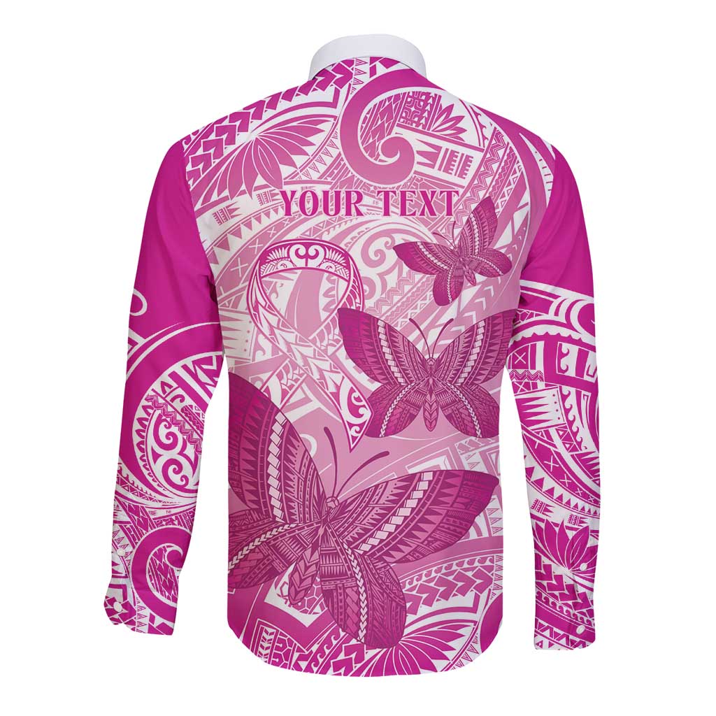 Personalised Polynesia Breast Cancer Awareness Long Sleeve Button Shirt Think Pink Ribbon Polynesian Butterflies LT14 - Polynesian Pride