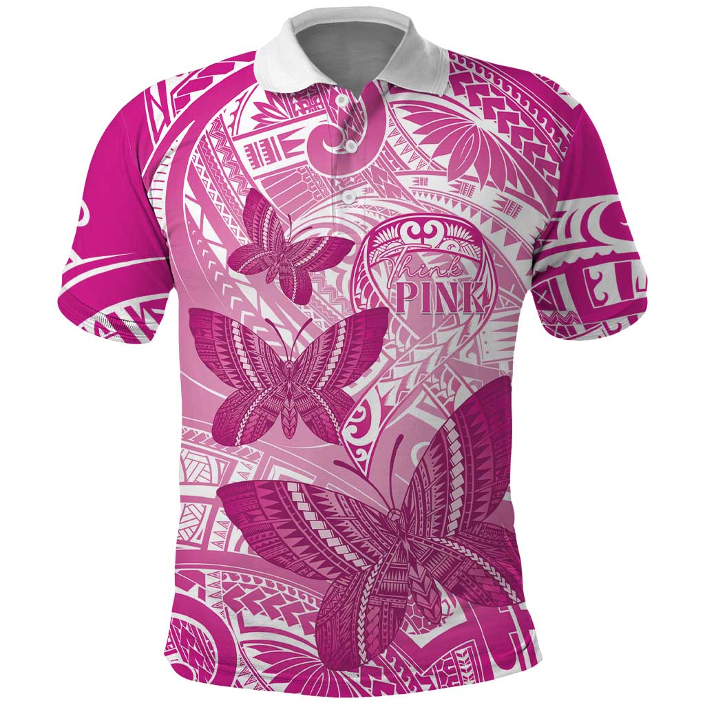 Personalised Polynesia Breast Cancer Awareness Polo Shirt Think Pink Ribbon Polynesian Butterflies LT14 Pink - Polynesian Pride