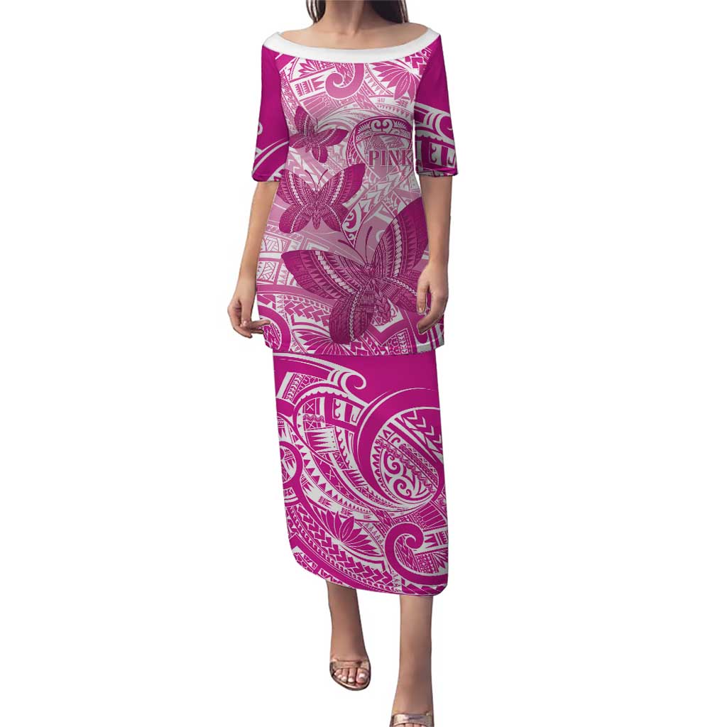 Personalised Polynesia Breast Cancer Awareness Puletasi Think Pink Ribbon Polynesian Butterflies LT14 Long Dress Pink - Polynesian Pride