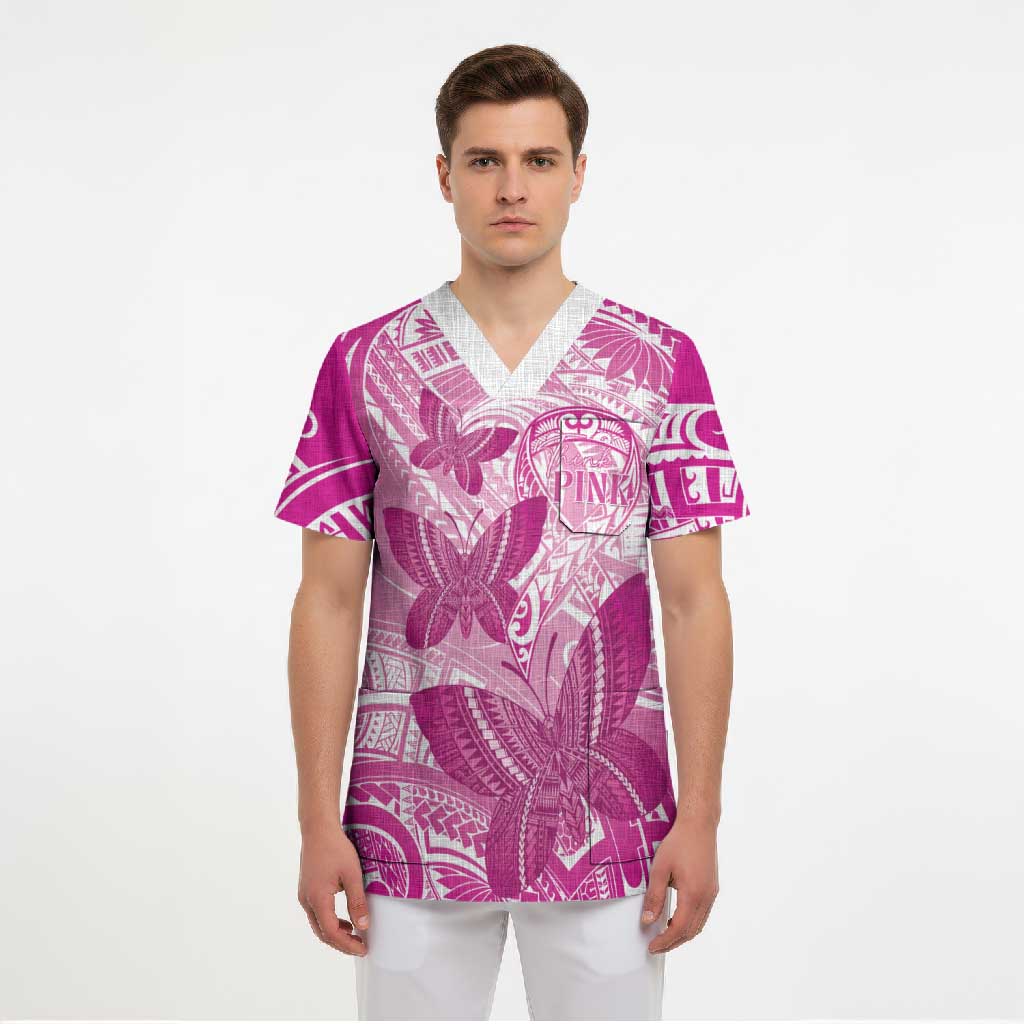 Personalised Polynesia Breast Cancer Awareness Scrub Top Think Pink Ribbon Polynesian Butterflies LT14 - Polynesian Pride