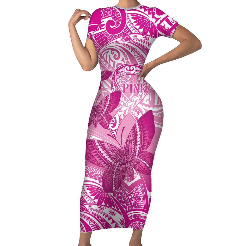 Personalised Polynesia Breast Cancer Awareness Short Sleeve Bodycon Dress Think Pink Ribbon Polynesian Butterflies