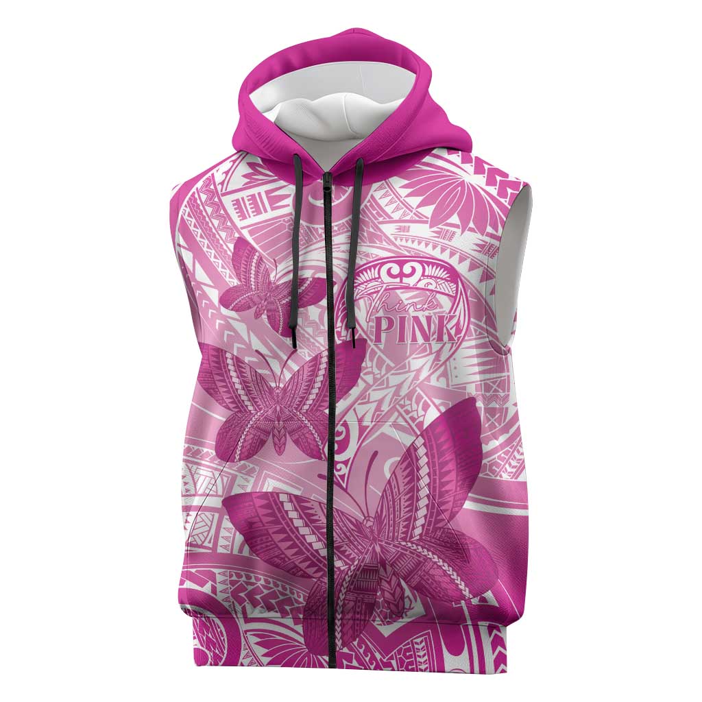 Personalised Polynesia Breast Cancer Awareness Sleeveless Zip Hoodie Think Pink Ribbon Polynesian Butterflies