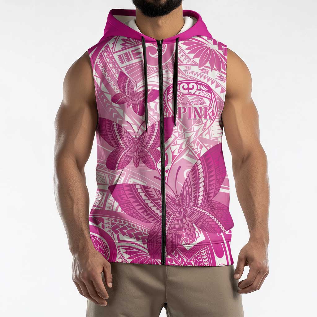 Personalised Polynesia Breast Cancer Awareness Sleeveless Zip Hoodie Think Pink Ribbon Polynesian Butterflies LT14 - Polynesian Pride