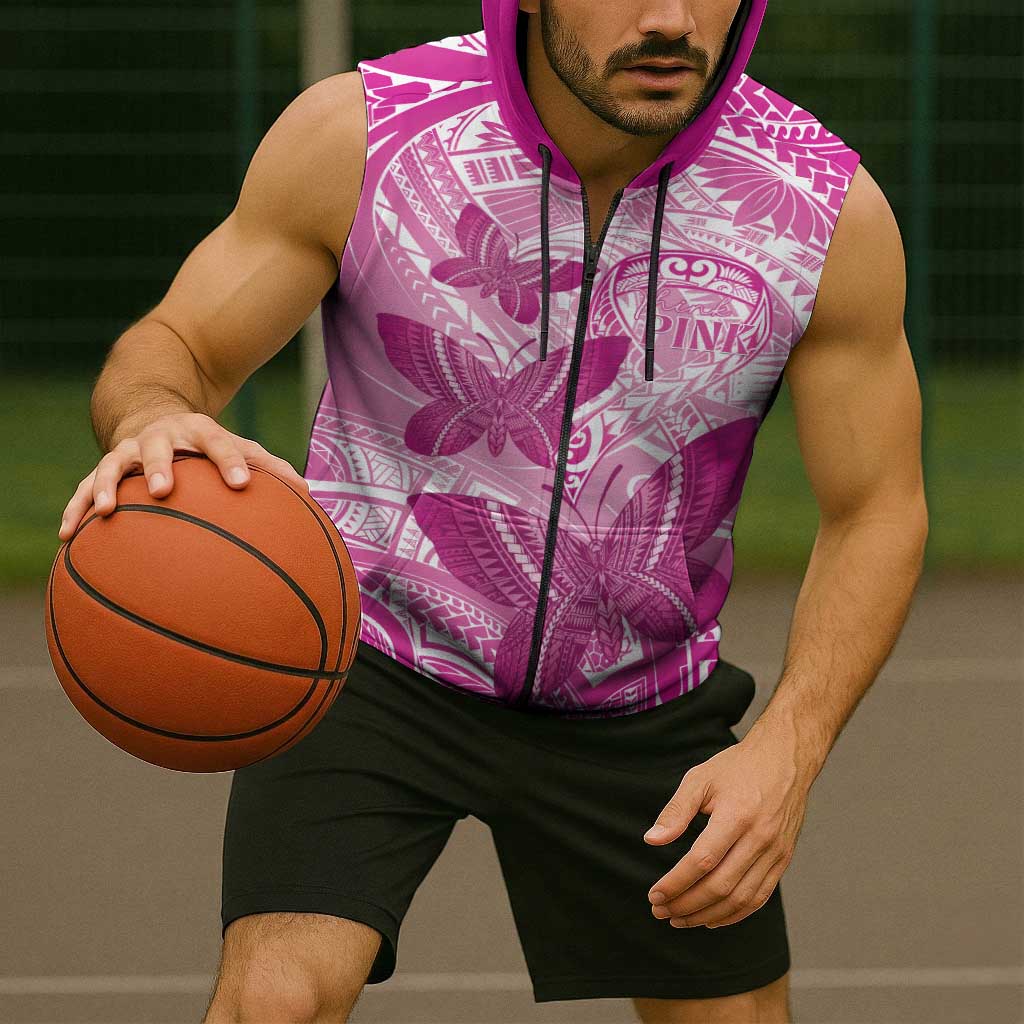 Personalised Polynesia Breast Cancer Awareness Sleeveless Zip Hoodie Think Pink Ribbon Polynesian Butterflies LT14 - Polynesian Pride