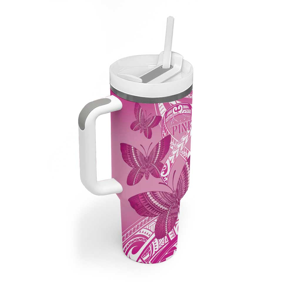 Personalised Polynesia Breast Cancer Awareness Tumbler With Handle Think Pink Ribbon Polynesian Butterflies LT14 - Polynesian Pride