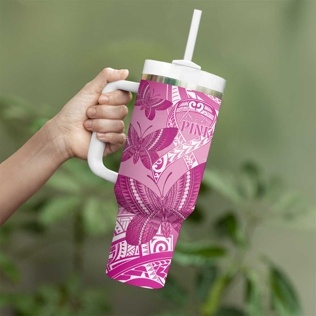 Personalised Polynesia Breast Cancer Awareness Tumbler With Handle Think Pink Ribbon Polynesian Butterflies LT14 - Polynesian Pride