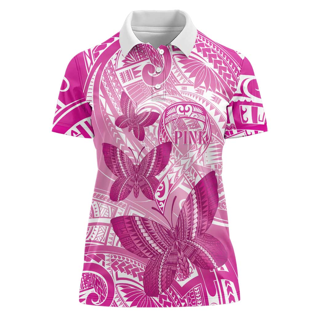 Personalised Polynesia Breast Cancer Awareness Women Polo Shirt Think Pink Ribbon Polynesian Butterflies LT14 Female Pink - Polynesian Pride