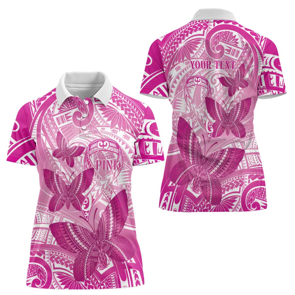 Personalised Polynesia Breast Cancer Awareness Women Polo Shirt Think Pink Ribbon Polynesian Butterflies LT14 - Polynesian Pride