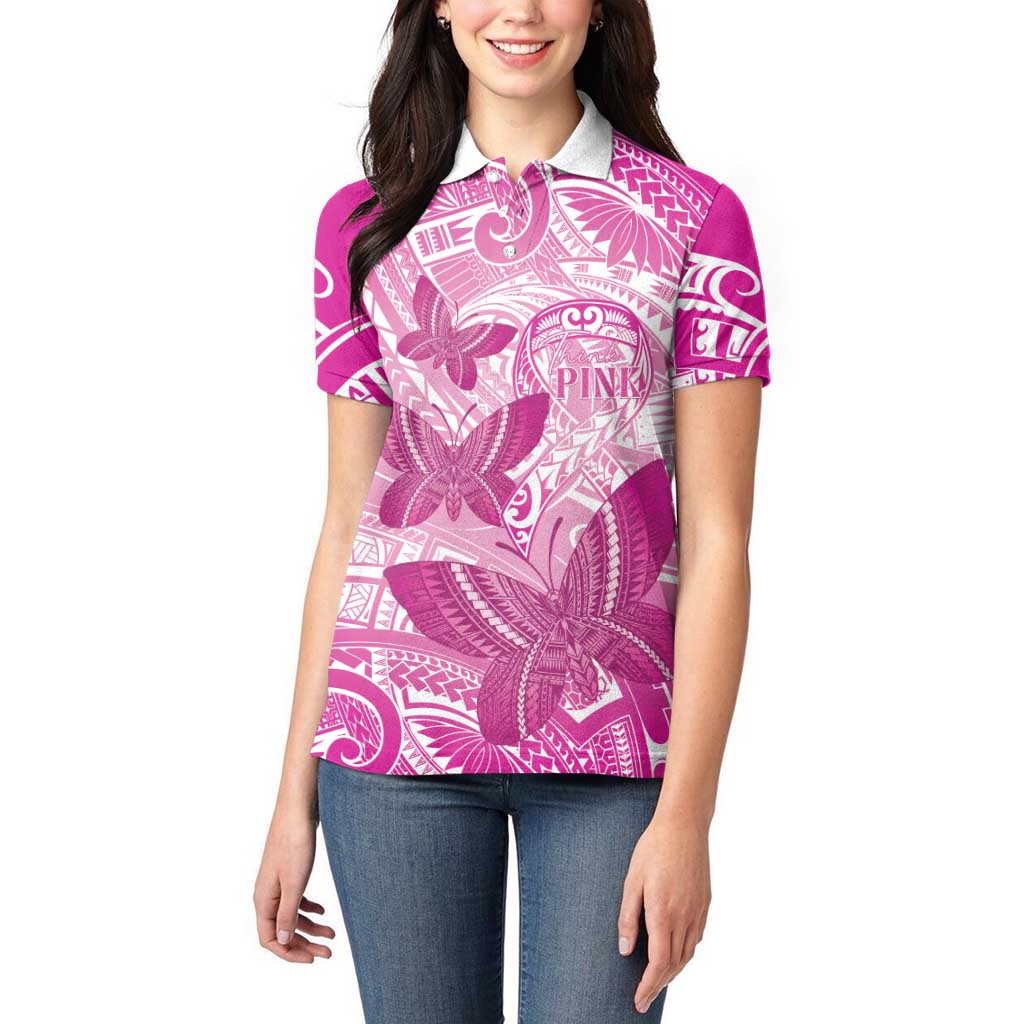 Personalised Polynesia Breast Cancer Awareness Women Polo Shirt Think Pink Ribbon Polynesian Butterflies LT14 - Polynesian Pride
