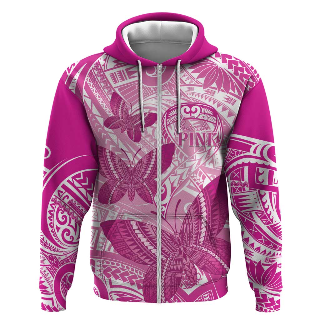 Personalised Polynesia Breast Cancer Awareness Zip Hoodie Think Pink Ribbon Polynesian Butterflies LT14 Zip Hoodie Pink - Polynesian Pride