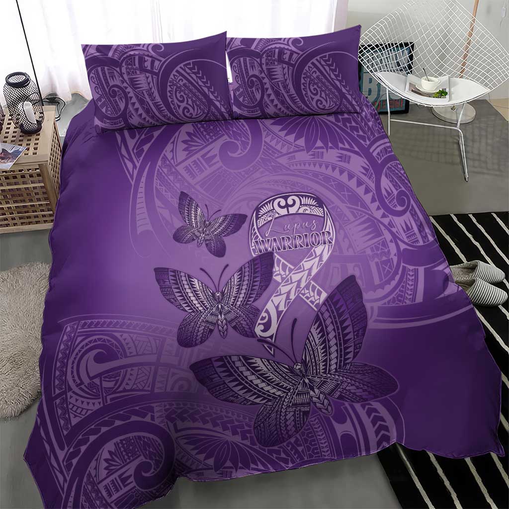 Polynesia Lupus Awareness Month Bedding Set Warrior Purple Ribbon Polynesian Butterflies LT14 - Polynesian Pride
