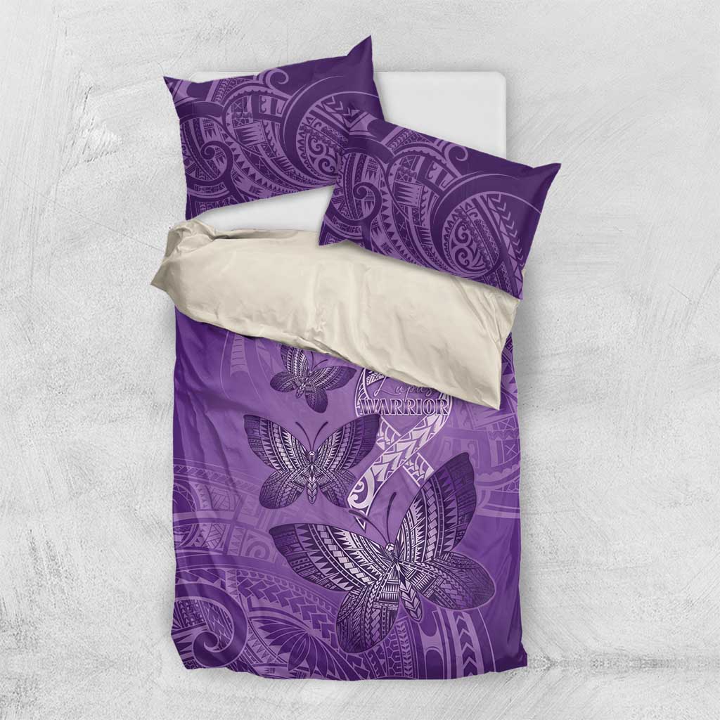 Polynesia Lupus Awareness Month Bedding Set Warrior Purple Ribbon Polynesian Butterflies LT14 US Twin 172cm x 218cm Purple - Polynesian Pride