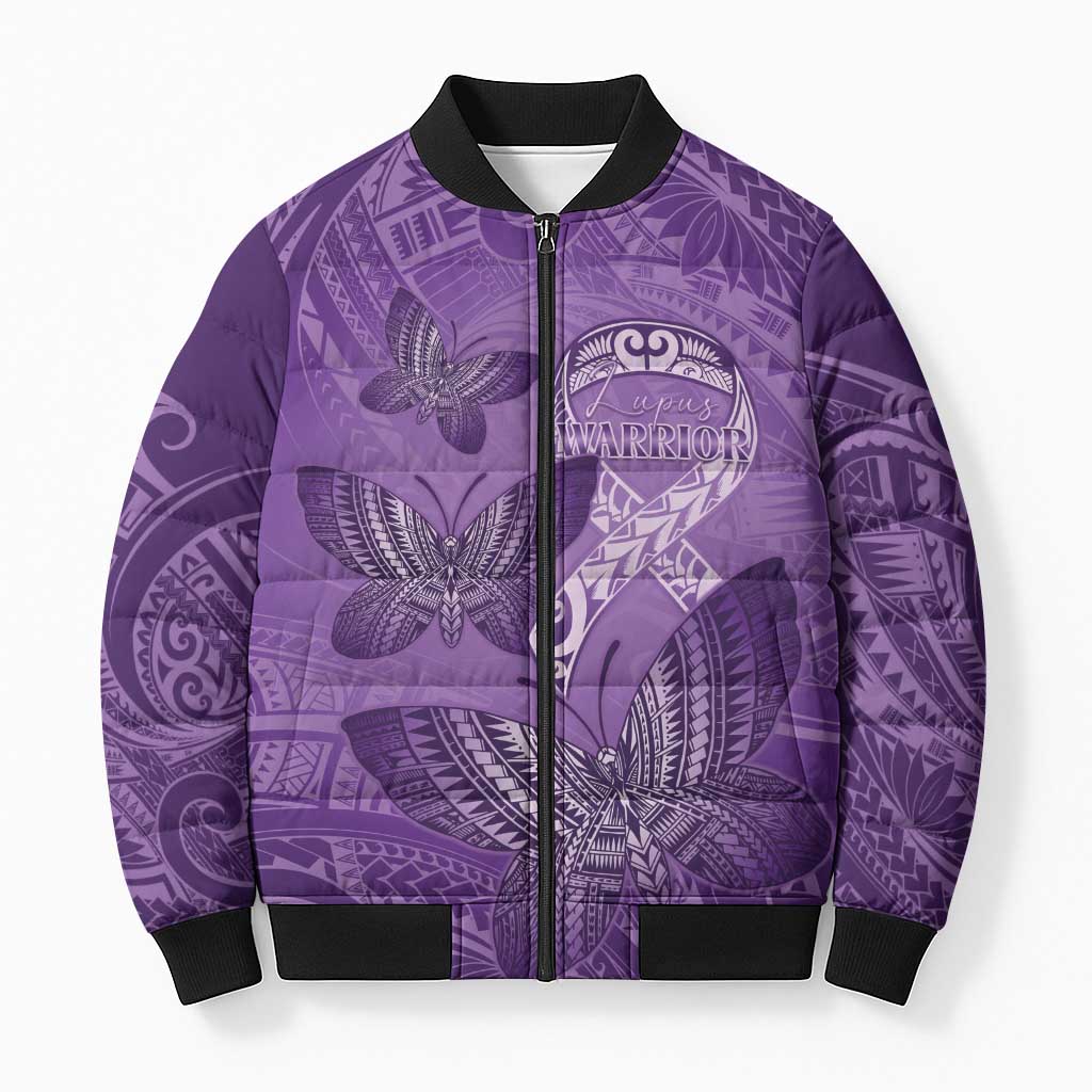 Personalised Polynesia Lupus Awareness Month Bomber Puffer Jacket Warrior Purple Ribbon Polynesian Butterflies LT14 Unisex Purple - Polynesian Pride